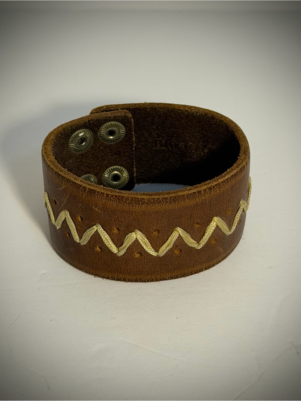 Brown Leather Zigzag Snap Cuff Bracelet